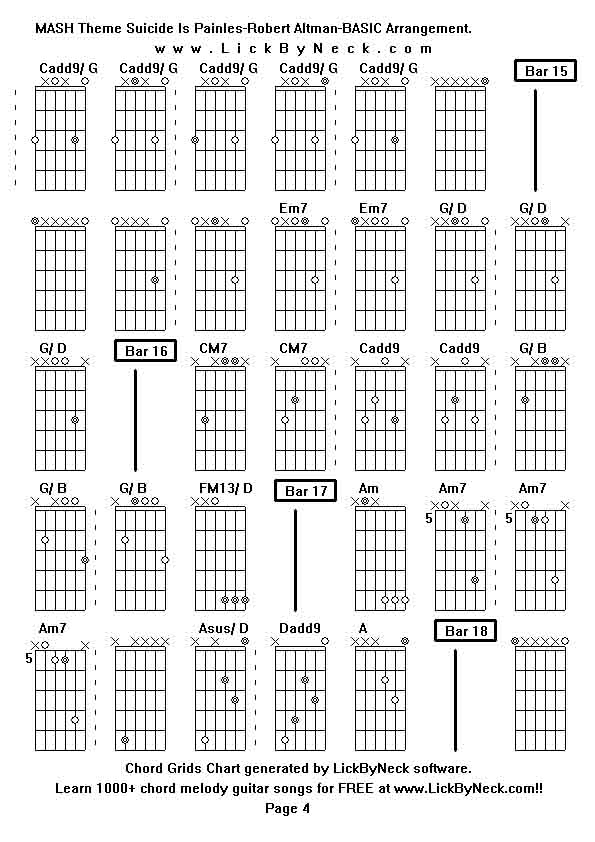 Chord Grids Chart of chord melody fingerstyle guitar song-MASH Theme Suicide Is Painles-Robert Altman-BASIC Arrangement,generated by LickByNeck software.